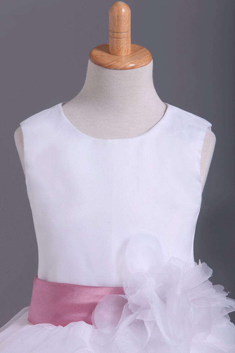2022 White Flower Girl Dresses Ball Gown Scoop Floor Length Organza