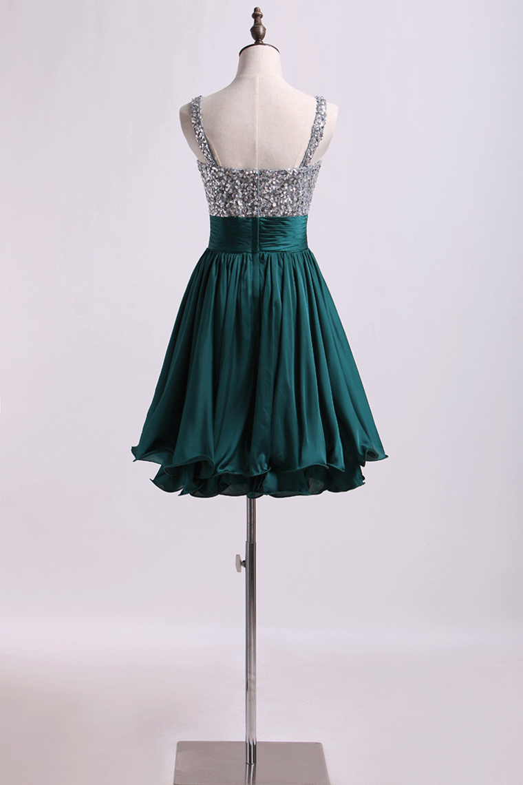 2022 Straps A Line Short/Mini Prom Dress Beaded Bodice With Pleated Waistband Chiffon