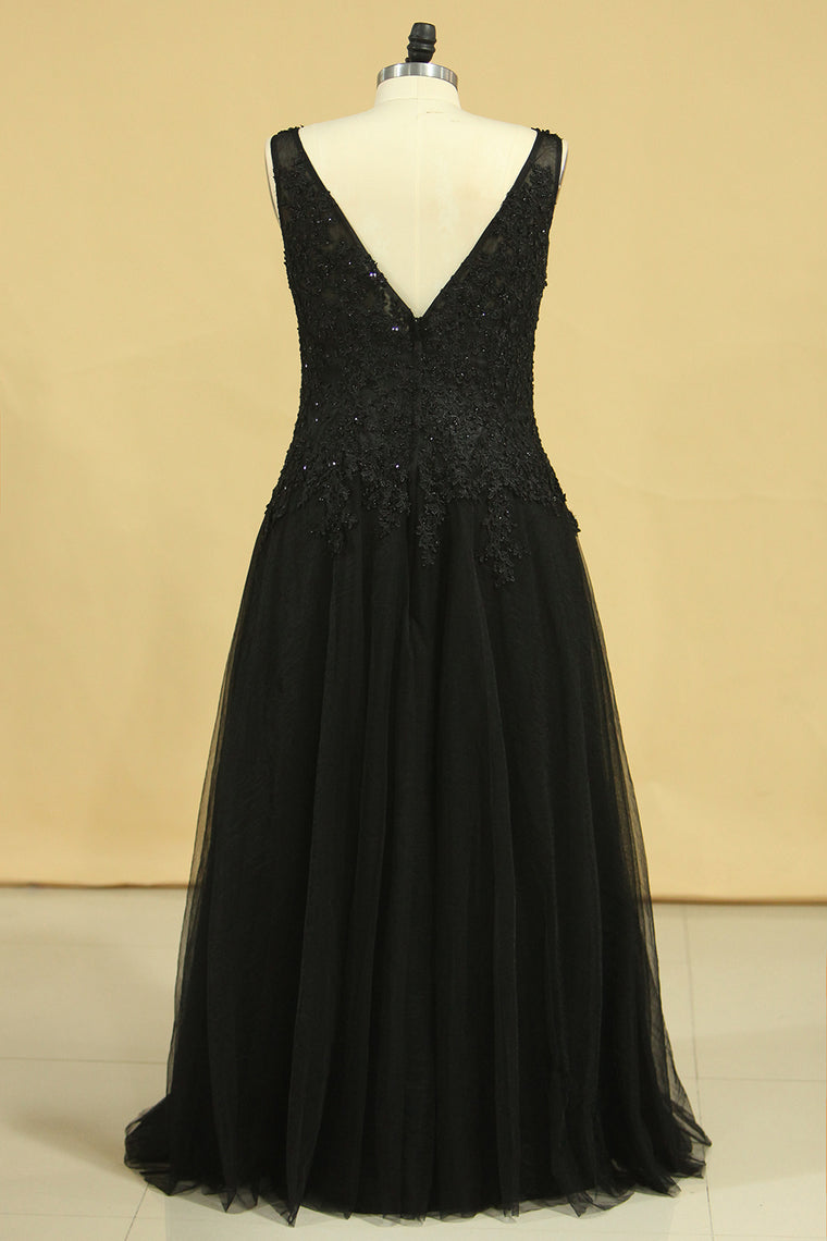 2022 Plus Size Bateau Evening Dresses Tulle With Applique And Beads Floor Length