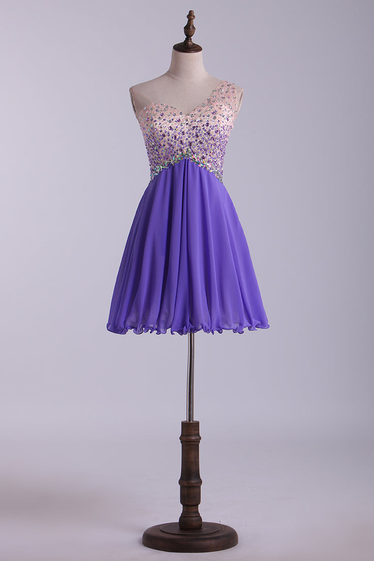 2022 One Shoulder Homecoming Dresses A Line Tulle & Chiffon With Beading