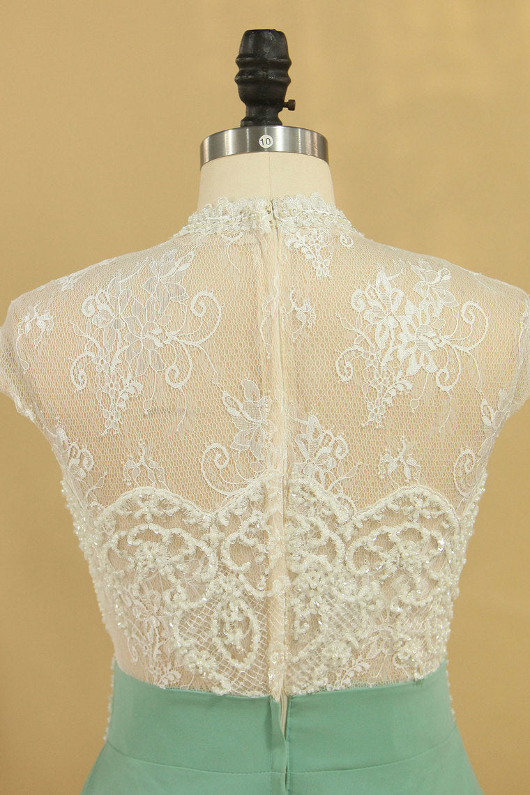 2022 High Neck A Line Chiffon With Applique Prom Dresses Floor Length