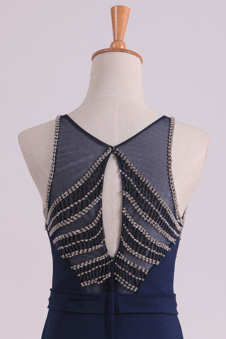 2022 Spandex Scoop With Beading Sheath Evening Dresses Open Back Sweep Train