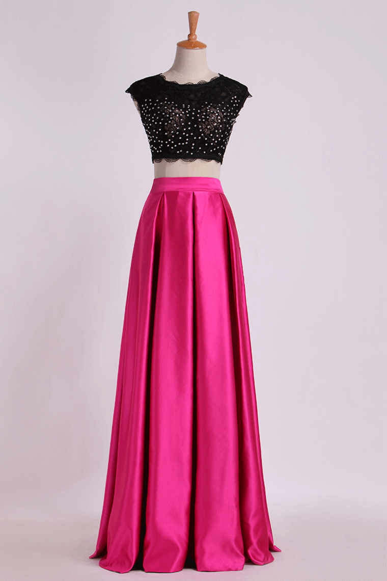 2022 Two Pieces Prom Dresses Scoop Appliqued&Beaded Bodice Floor Length Open Back Satin