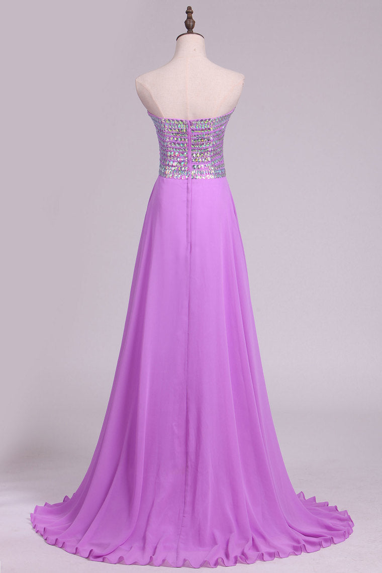 2022 A Line Sweetheart Beaded Bodice  Chiffon Sweep Train Prom Dresses