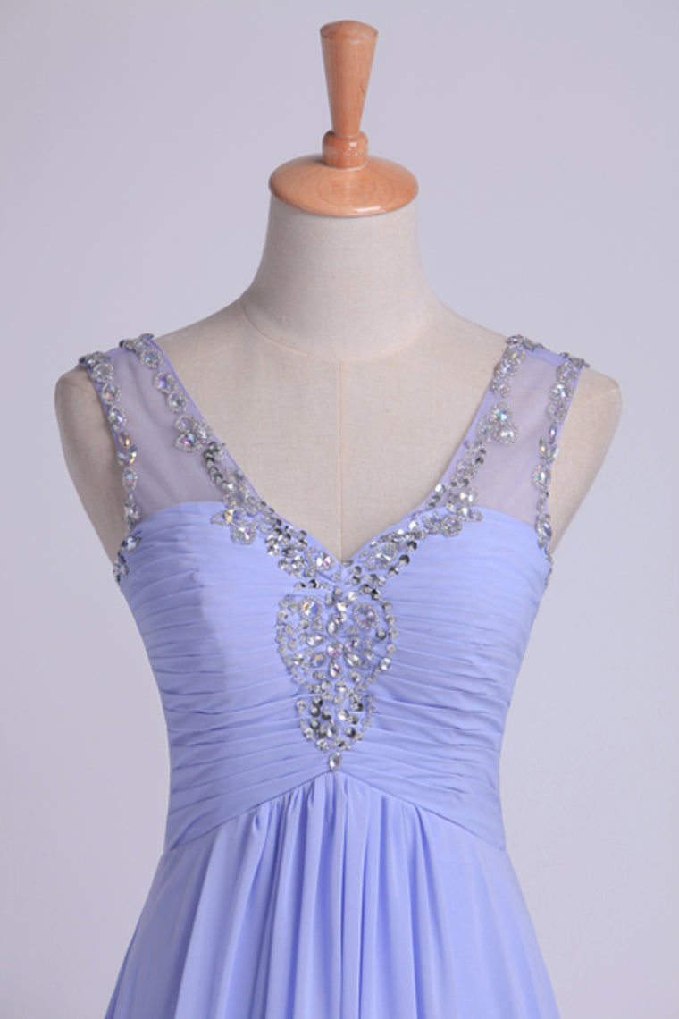 2022 V Neckline And Deep V Back Chiffon Long A Line Prom Dress With Beaded Tulle Straps