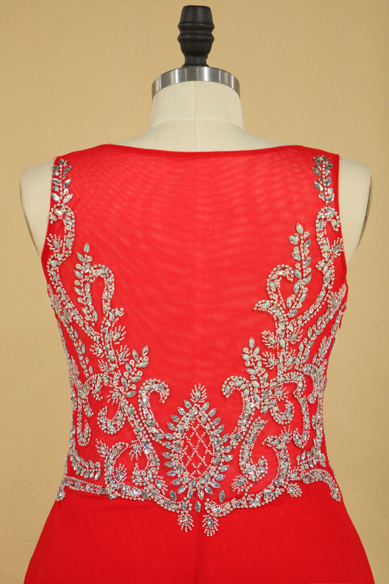 2022 Red Plus Size V Neck Beaded Bodice Chiffon & Tulle A Line Prom Dresses