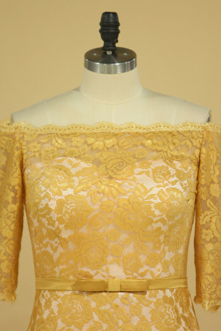 2022 Plus Size Gold Mother Of The Bride Dresses Boat Neck Half Sleeve Lace Sheath