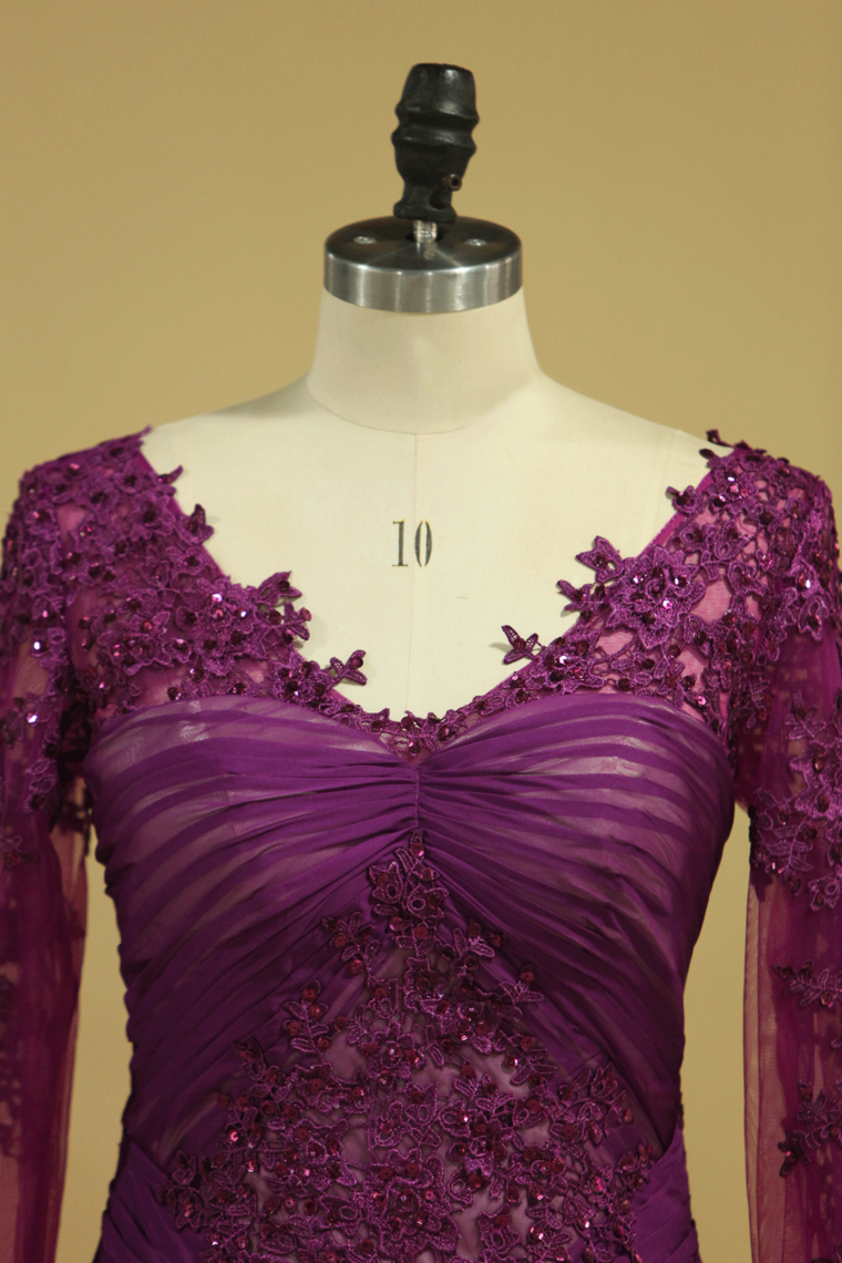2022 Grape V Neck Long Sleeves Mermaid Evening Dresses Chiffon With Applique And Ruffles