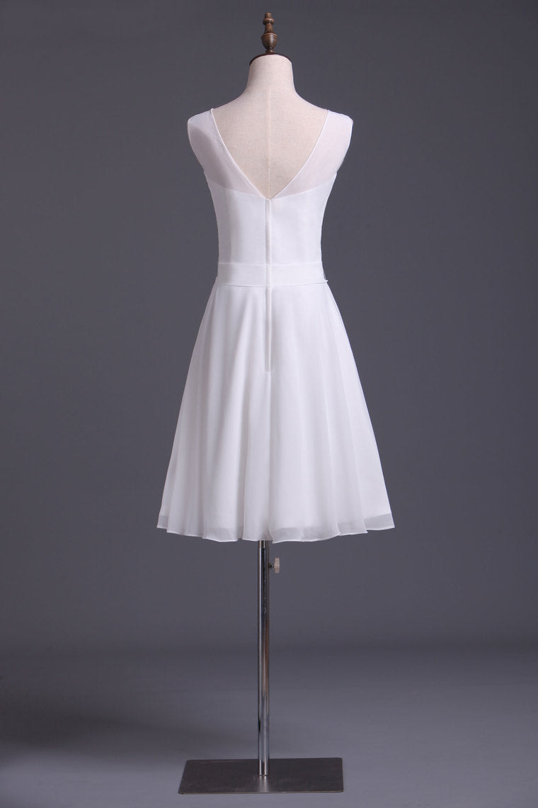 2022 V Neck A Line Dress With Sash Pick Up Chiffon Skirt Knee Length