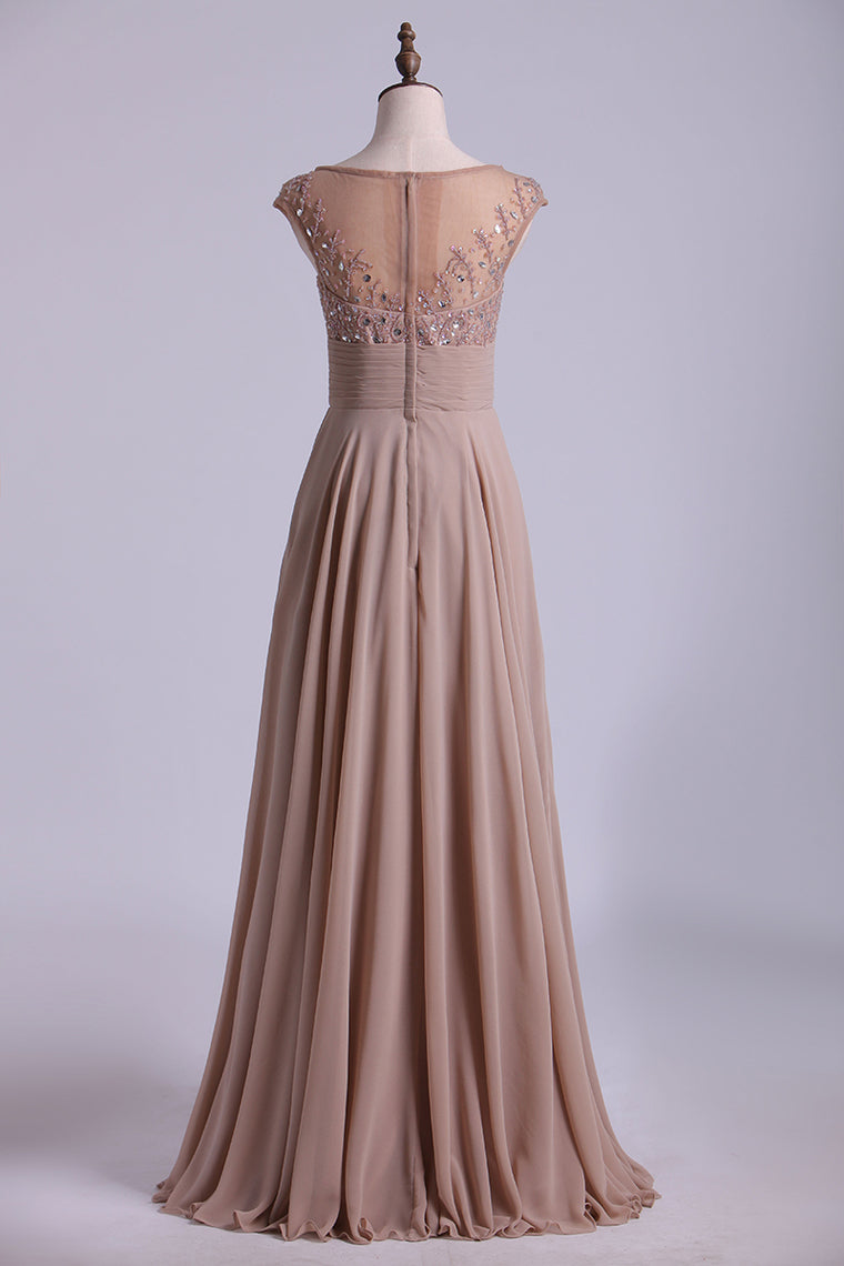 2022 Bateau A-Line Prom Dresses Chiffon With Beads And Applique Floor Length
