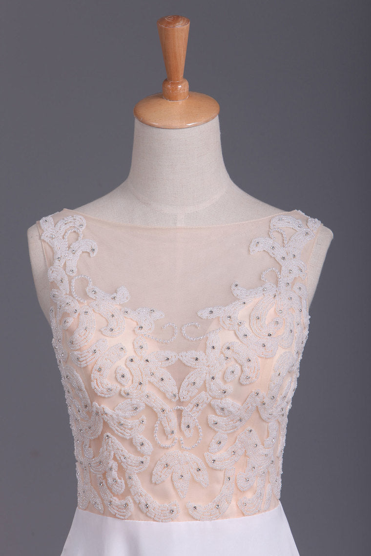 2022 Scoop Beaded Bodice Prom Dresses A Line With Beading White