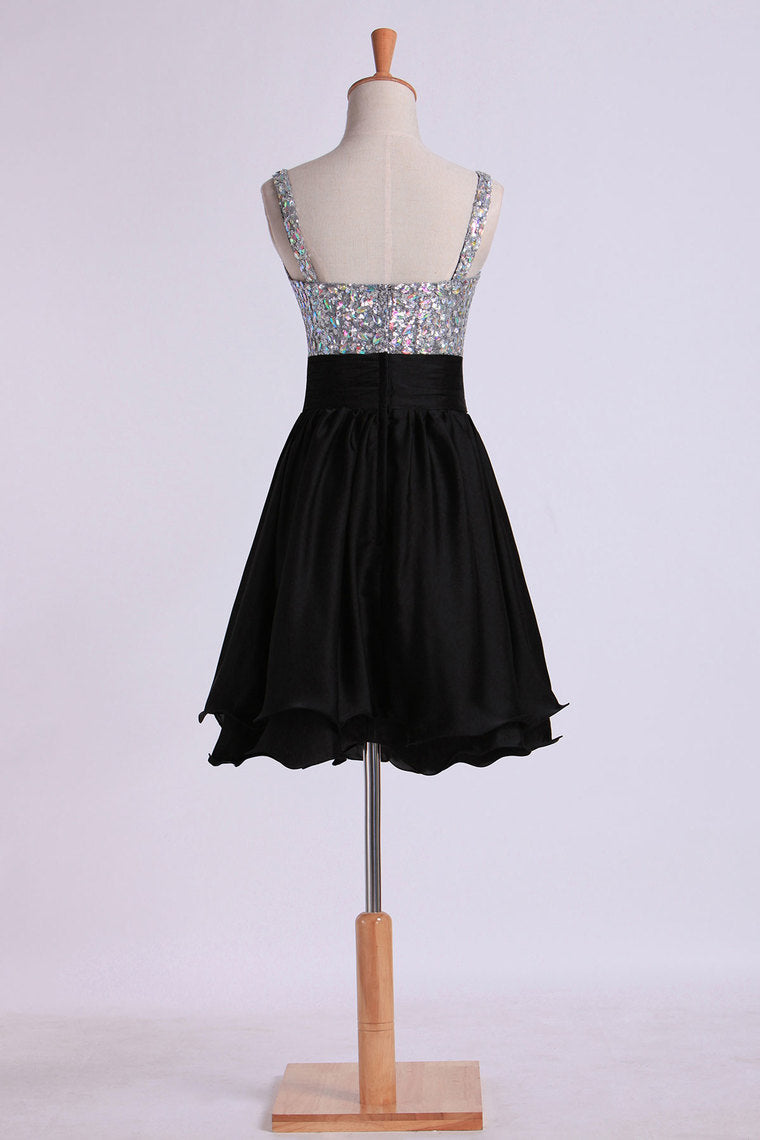 2022 Prom Dresses Straps A Line Short/Mini Beaded Bodice With Pleated Waistband Chiffon