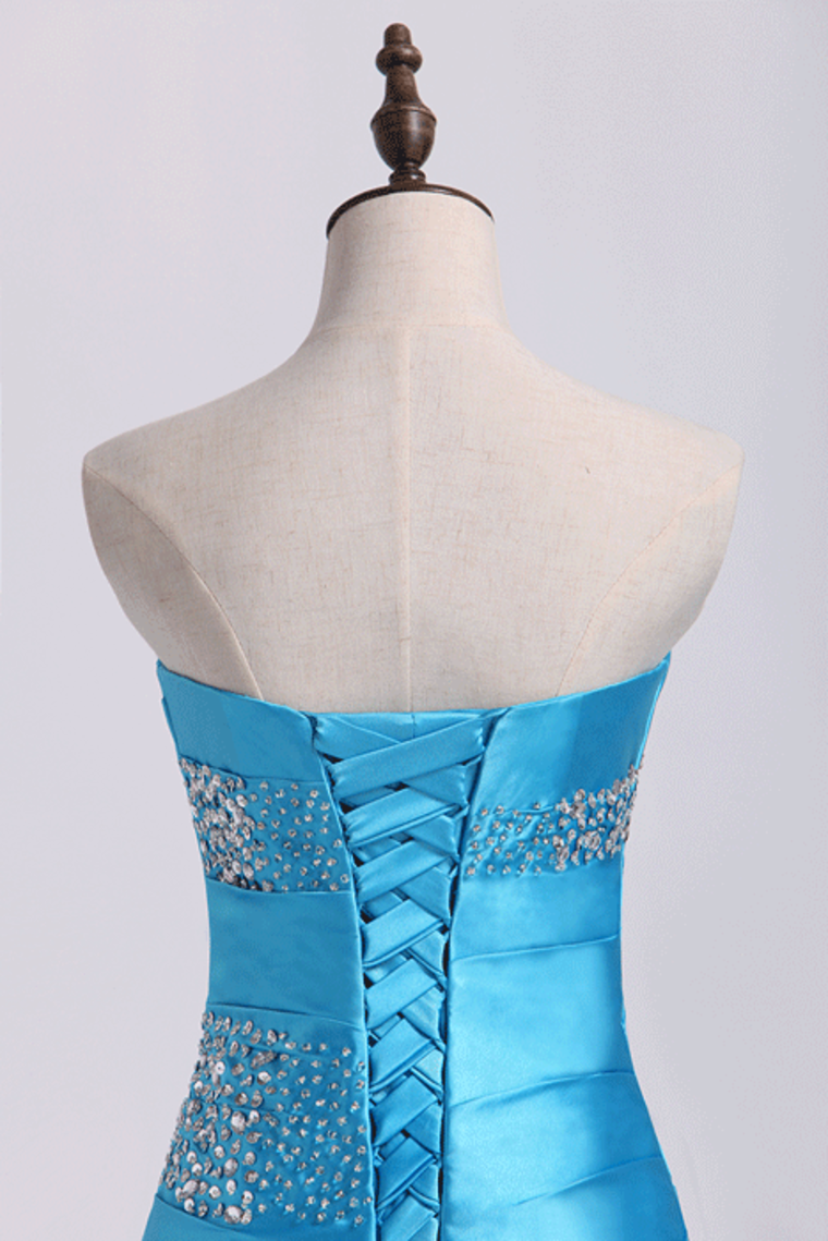 2022 Mermaid Strapless Elastic Satin With Beadings Prom Dresses Sweep/Brush Train