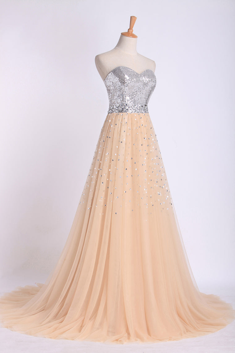 2022 Sweetheart A Line Sweep Train Prom Dresses Tulle With Beads
