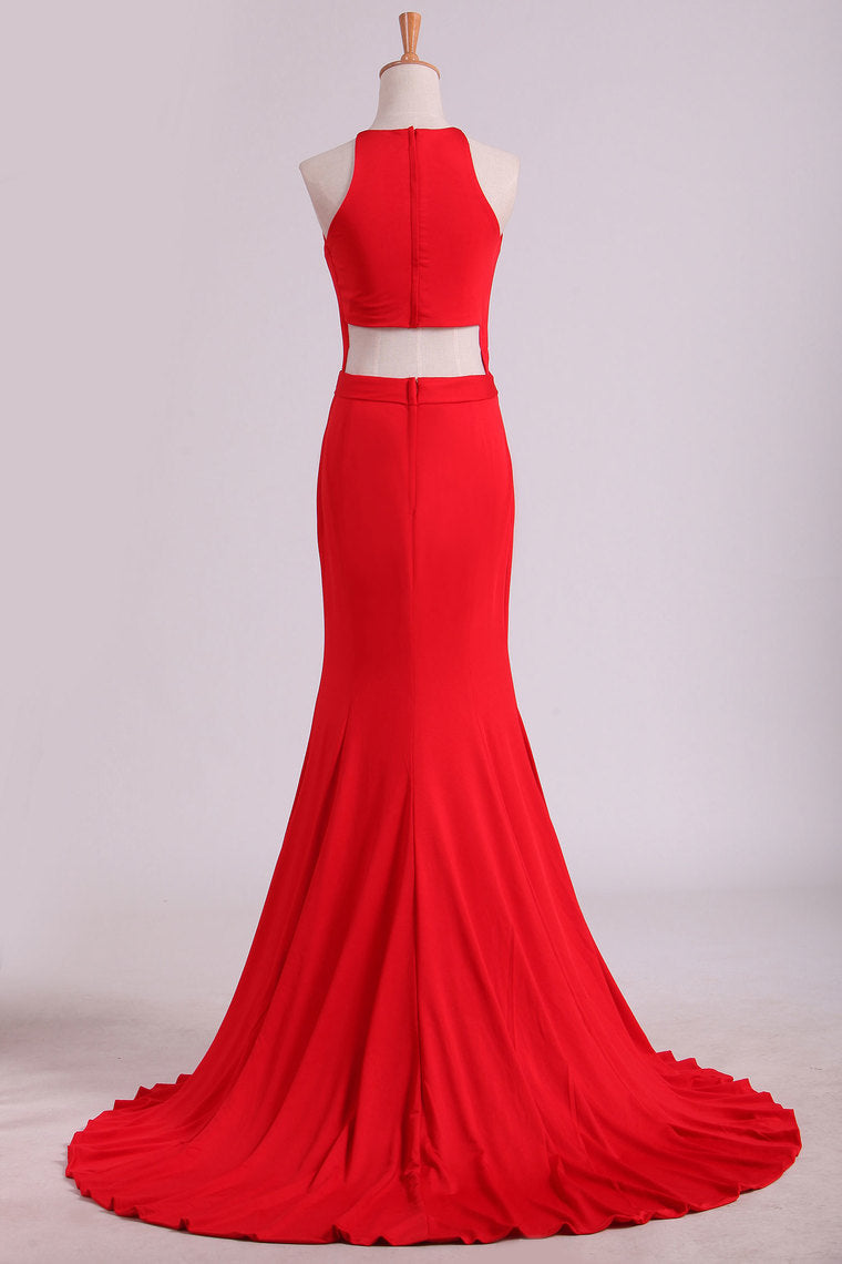 2022 Scoop Mermaid Spandex With Slit Sweep Train Evening Dresses