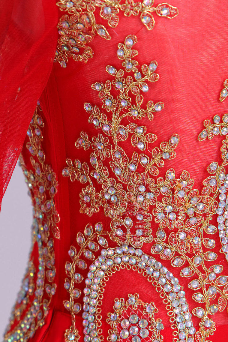 2022 Prom Dresses Long Sleeves Scoop Mermaid Beaded Court Train