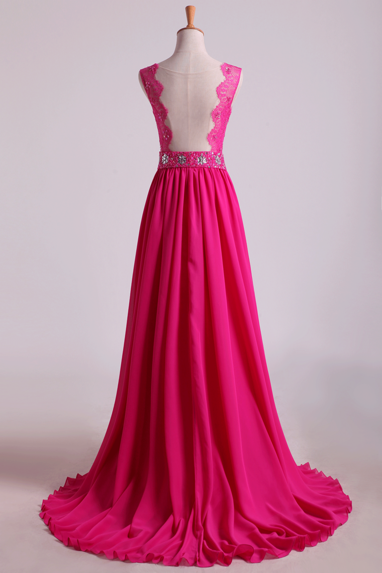 2022 New Arrival V Neck Tulle&Lace Back A Line Exquisite Chiffon Beading Prom Dress