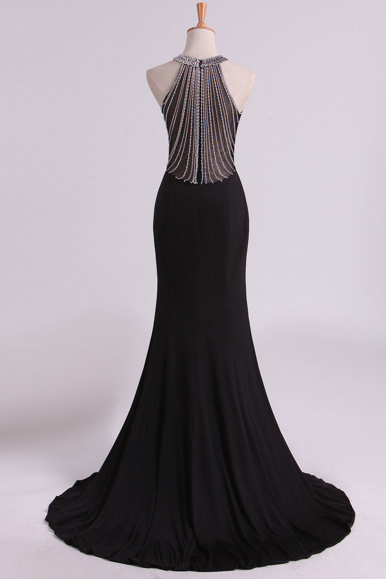 2022 Black Prom Dresses Scoop Mermaid Spandex With Beading Sweep Train