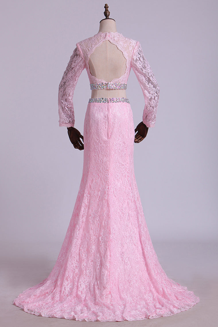 2022 Two-Pieces Prom Dresses Long Sleeves Scoop Trumpet Lace Court Train