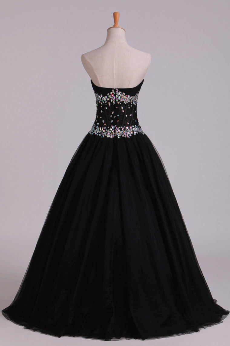 2022 Prom Dresses Ball Gown Black Sweetheart Tulle With Rhinestone Floor Length