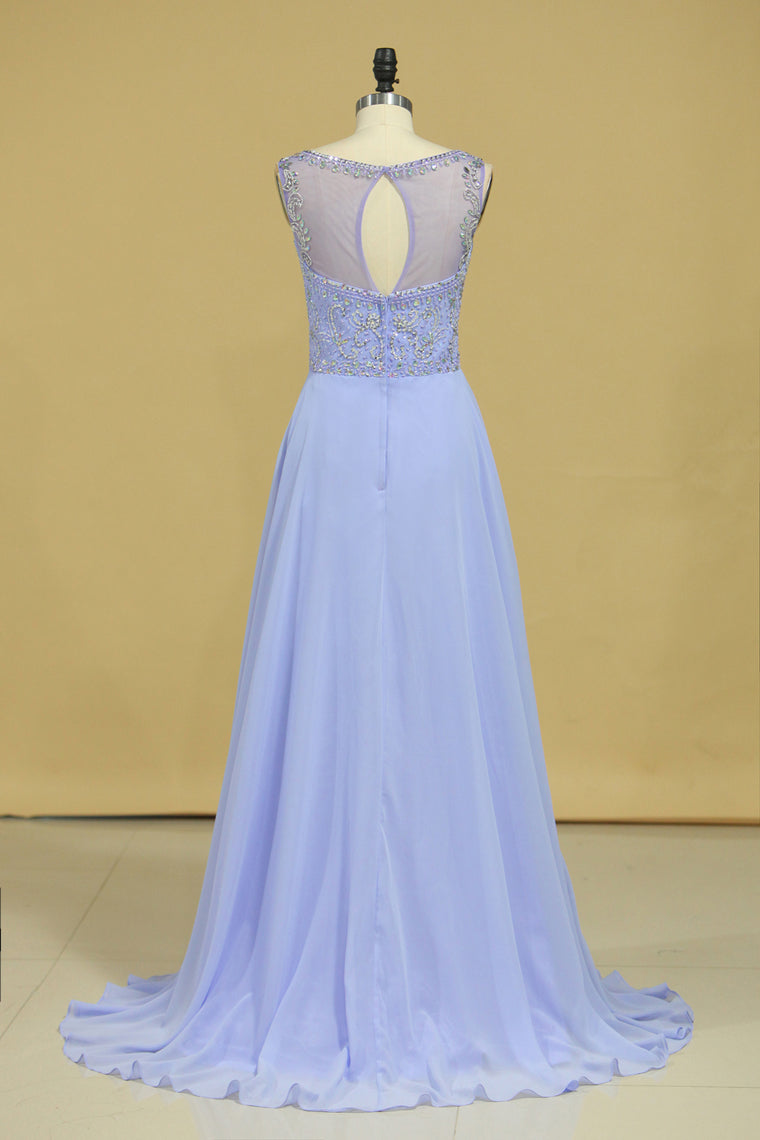 2022 Beautiful Scoop A Line Prom Dresses With Beading Floor Length Chiffon Size 8