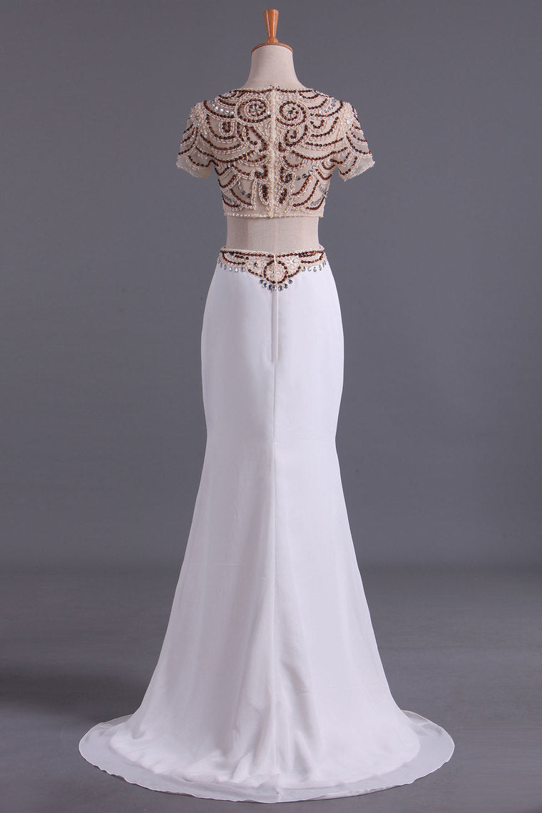 2022 Two Pieces Scoop Short Sleeves Prom Dresses With Beads & Rhinestones Sweep Train Spandex