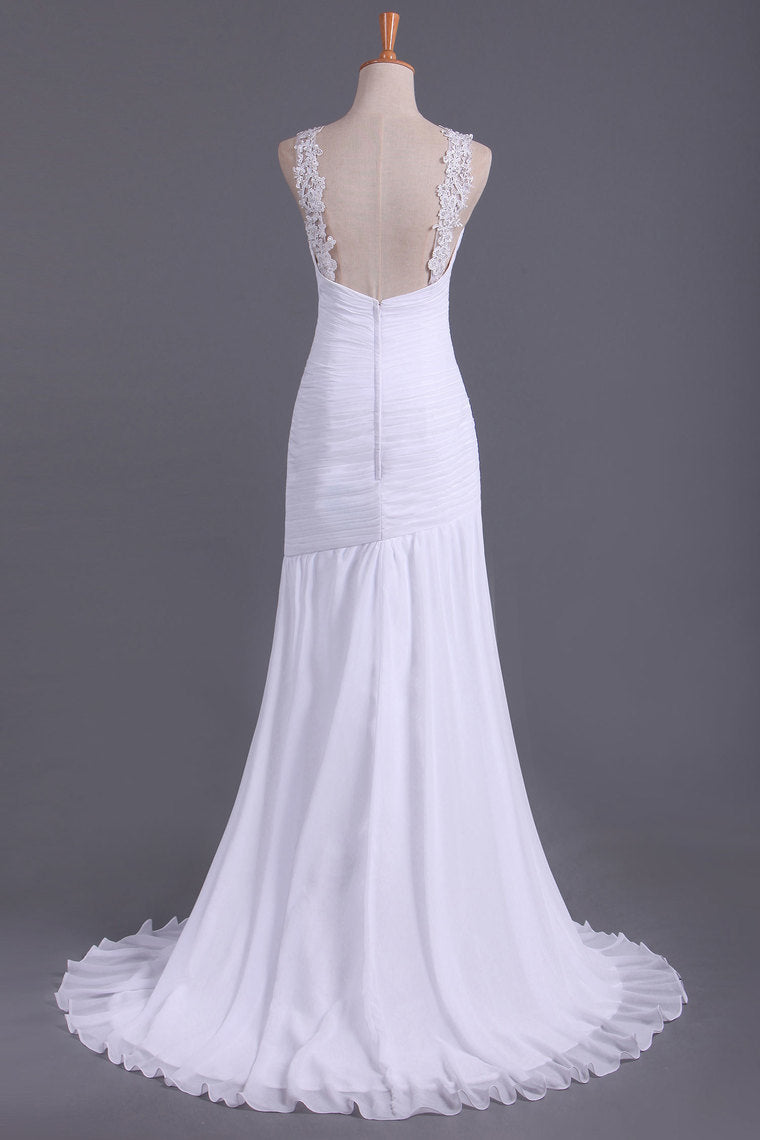 2022 White Prom Dresses Straps Mermaid/Trumpet Ruffled Bodice Beaded Open Back