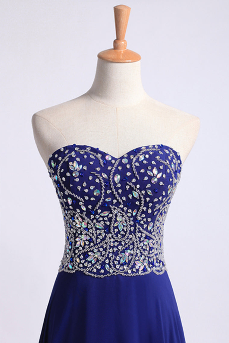 2022 Dark Royal Blue Prom Dress Sweetheart Beaded Bodice A Line Chiffon