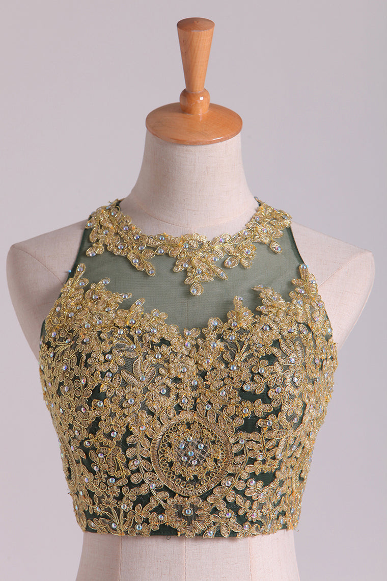 2022 Dark Green Mermaid Two-Piece Prom Dresses Scoop Sweep/Brush Chiffon With Gold Applique