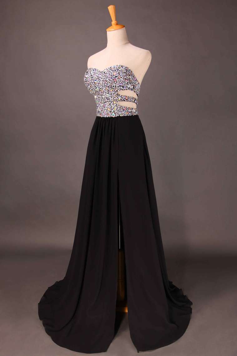 2022 Sweetheart Prom Dresses Beaded Bodice A Line Chiffon