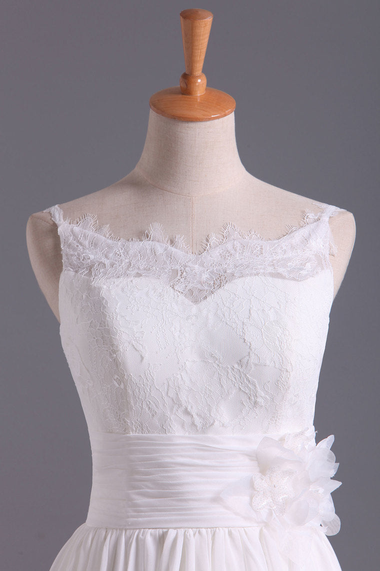 2022 Spaghetti Straps With Applique & Handmade Flowers Chiffon A Line Wedding Dresses