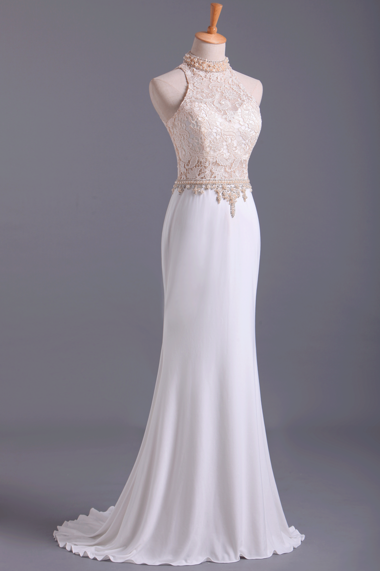 2022 Hot High Neck Prom Dresses A Line Spandex & Lace With Beads