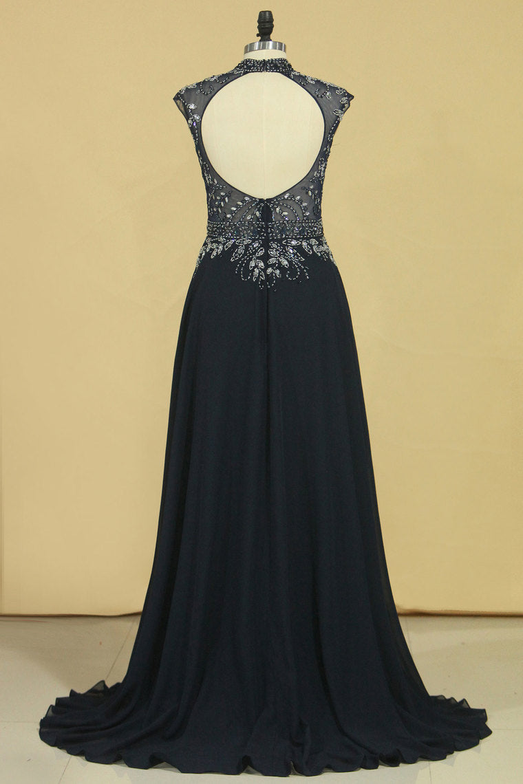2022 A Line High Neck Beaded Bodice Prom Dresses Open Back Chiffon