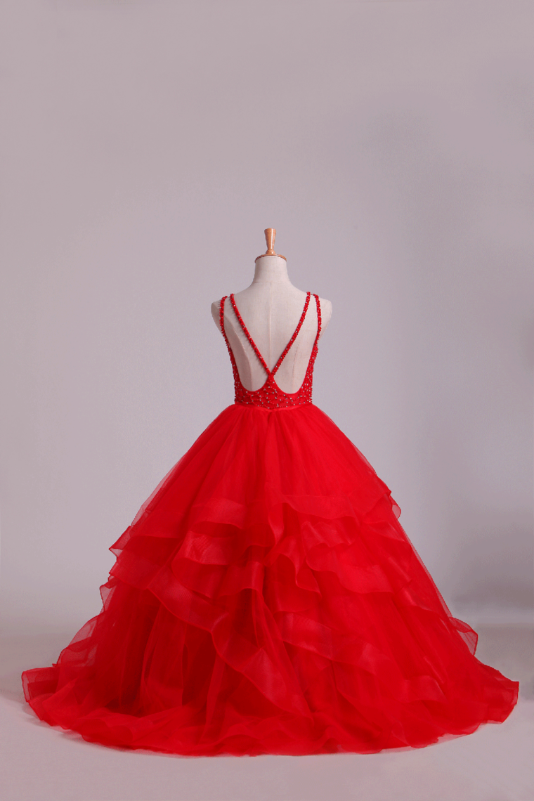 2022 Red Scoop Ball Gown Tulle Floor Length With Beading
