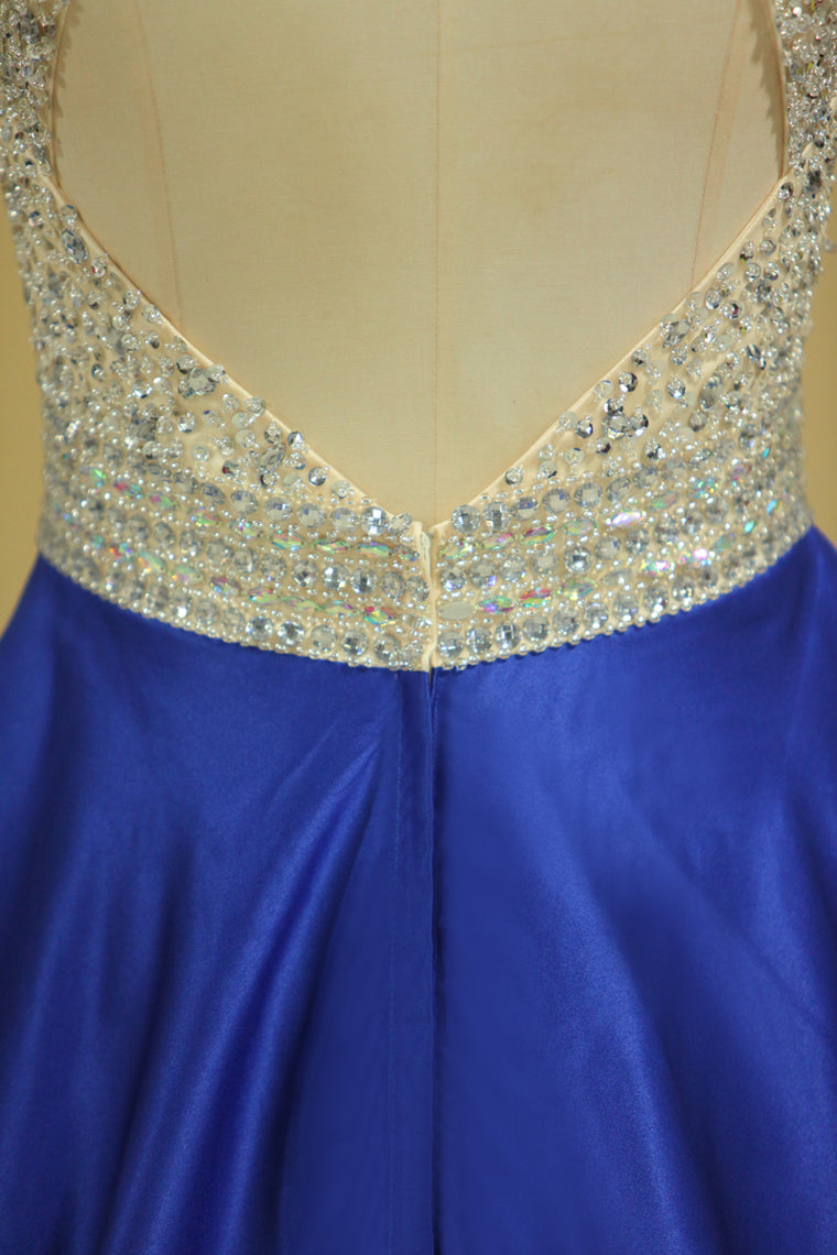 2022 Royal Blue Scoop Open Back Beaded Bodice A Line Prom Dresses Satin & Tulle Plus Size