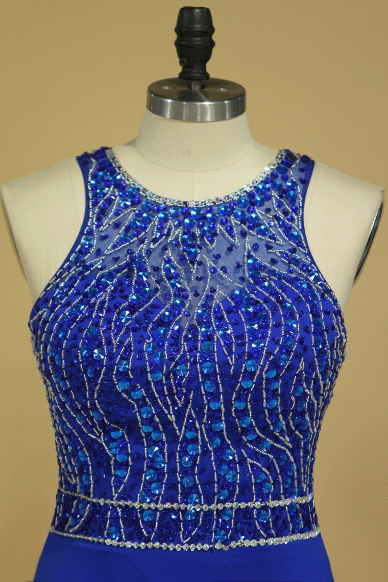 2022 Dark Royal Blue Open Back Prom Dresses Scoop Spandex With Beading And Slit Sweep Train