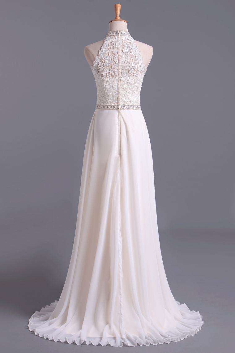 2022 Hot High Neck Prom Dresses A Line Chiffon & Lace With Beads