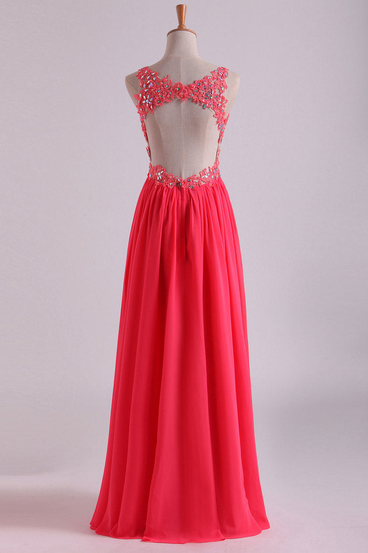 2022 Open Back V Neck Prom Dresses Beaded Bodice Chiffon Floor Length