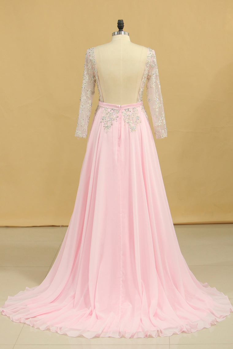 2022 Plus Size A Line Chiffon Prom Dresses Bateau Long Sleeves With Beads & Applique