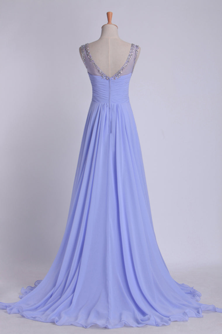 2022 V Neckline And Deep V Back Chiffon Long A Line Prom Dress With Beaded Tulle Straps