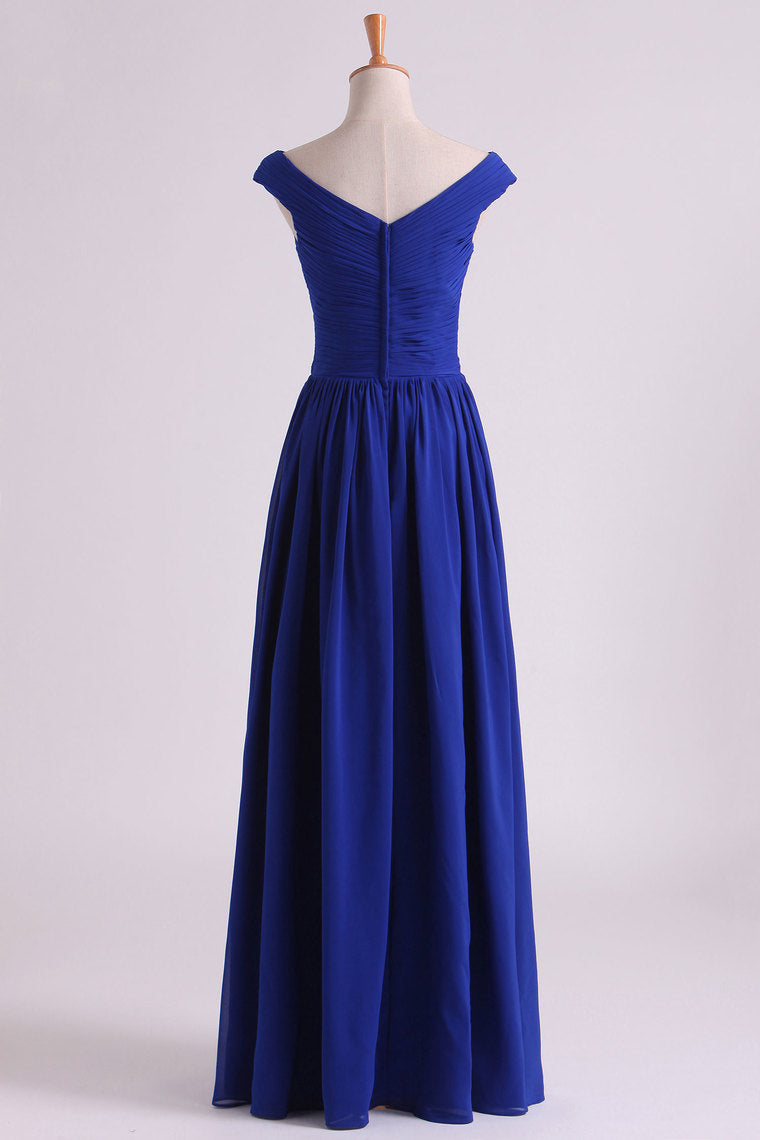 2022 Off The Shoulder Evening Dresses A Line Ruched Bodice Chiffon Floor Length Dark Royal Blue