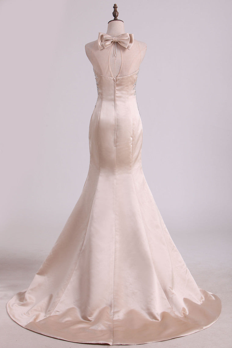 2022 New Arrival Mermaid Beaded Bodice Prom Dresses Floor Length Satin