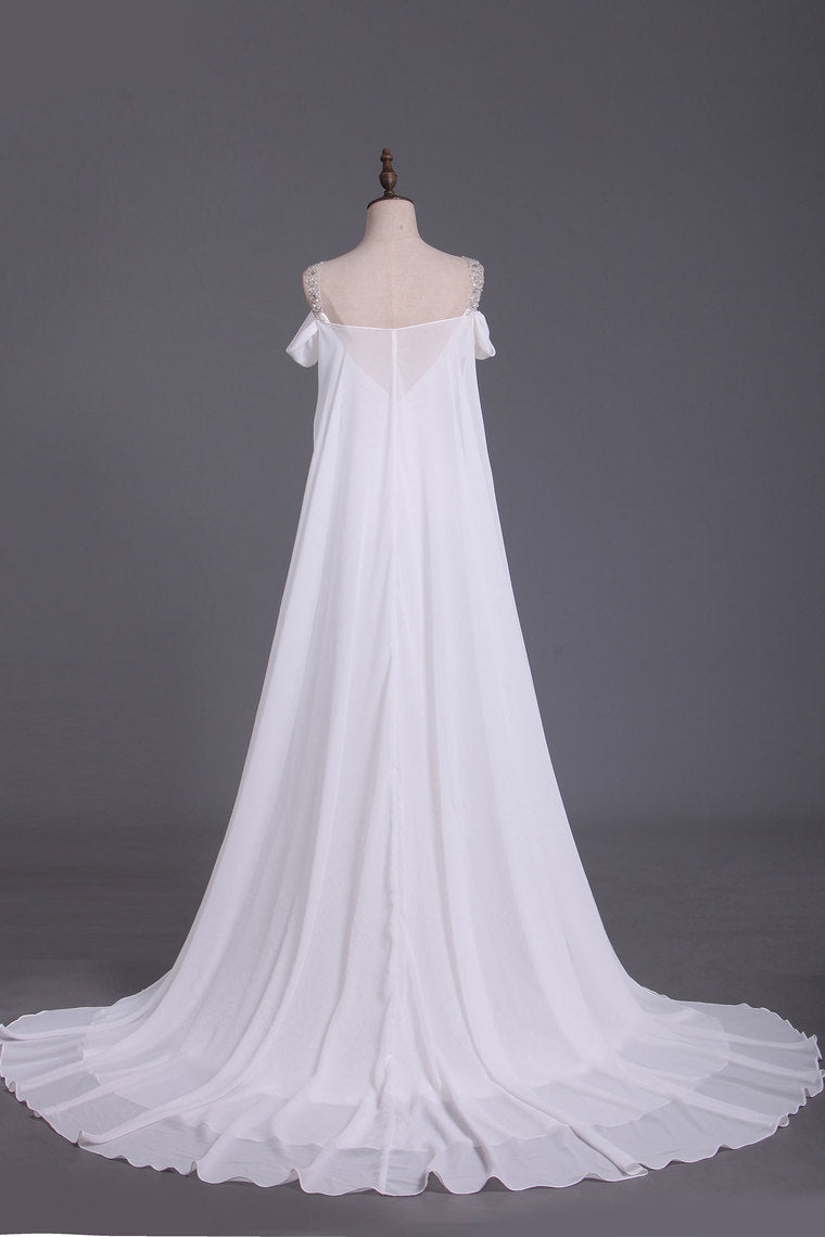 2022 A Line Straps With Beads And Ruffles Wedding Dresses Chiffon Court Train Detachable