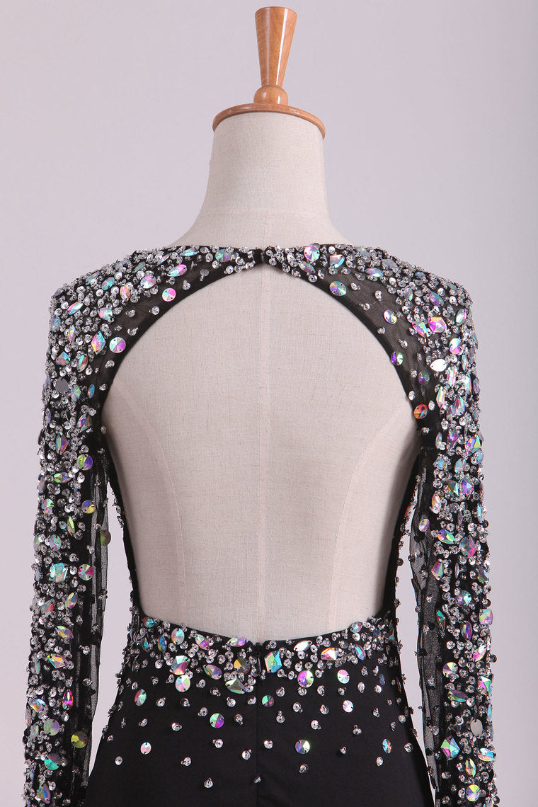 2022 Open Back Long Sleeves With Beading And Slit Prom Dresses Sweep Train Spandex