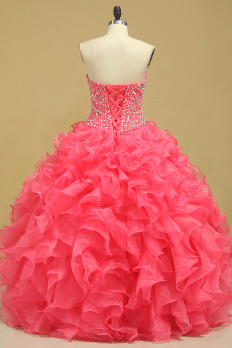 2022 Beautiful Quinceanera Beaded Bodice Sweetheart Floor Length Ruffle Skirt Orange