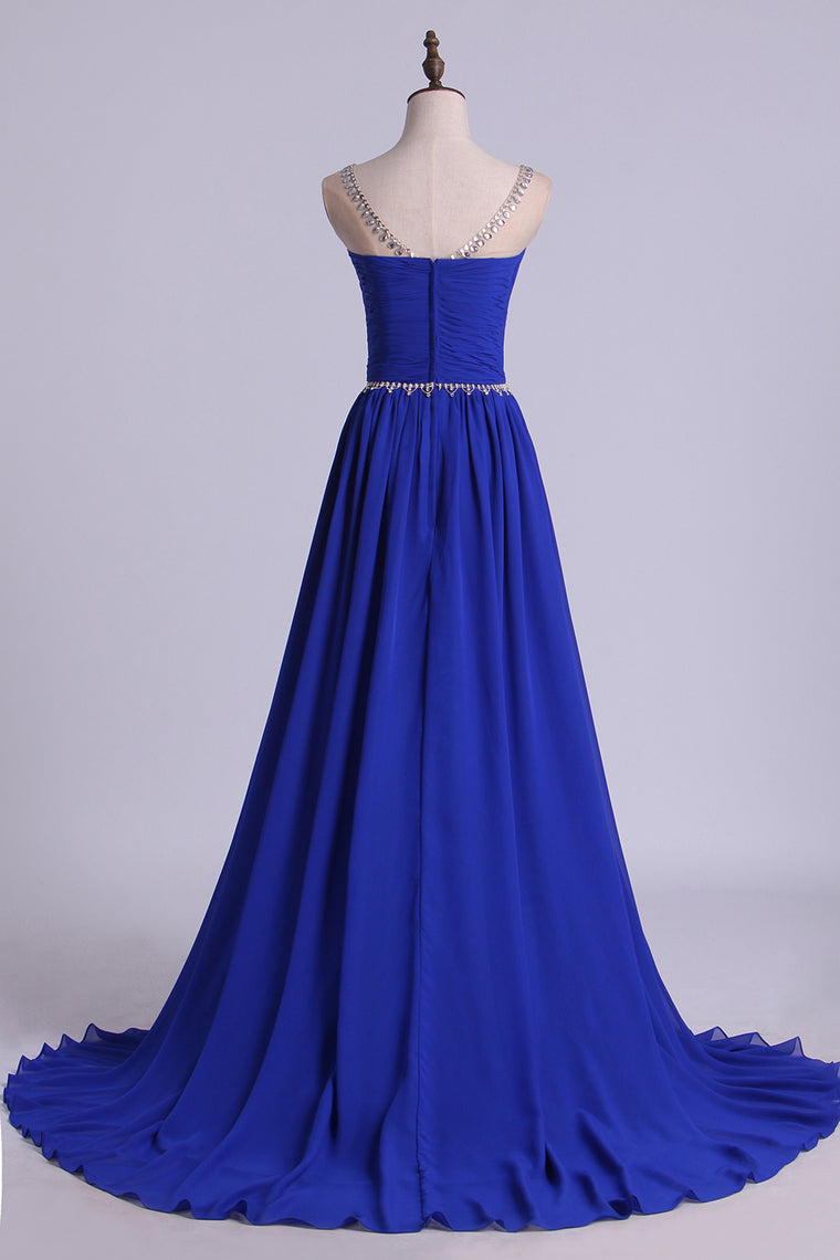 2022 Scoop Prom Dresses A Line Pleated Bodice Chiffon With Beads Dark Royal Blue