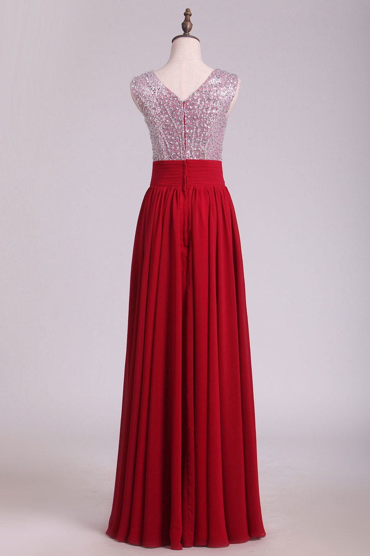 2022 V Neck A Line Sequined Bodice Prom Dresses Chiffon Floor Length