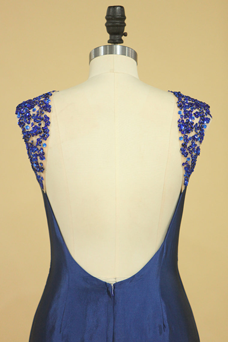 2022 Dark Royal Blue Scoop Prom Dresses Mermaid Taffeta Sweep Train With Beading