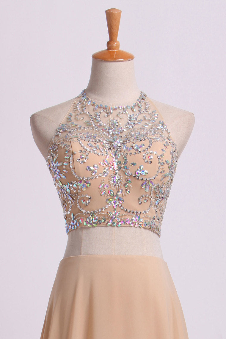 2022 Sexy Prom Dresses Halter Two Pieces A Line With Flowing Chiffon Skirt Beaded