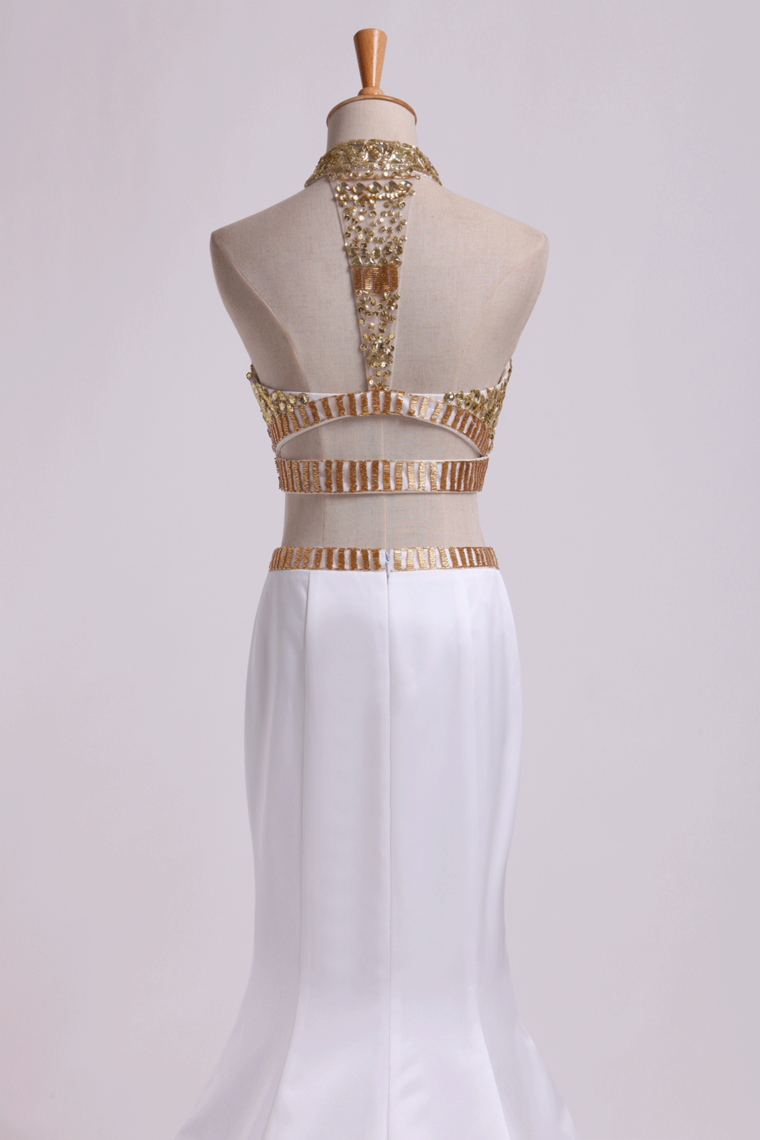 2022 Two Pieces Beaded Bodice High Neck Prom Dresses Trumpet Sweep Train